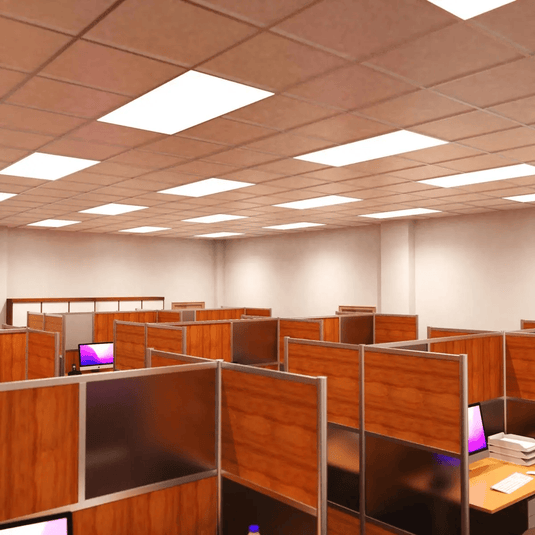 Natural white LED panels in a workplace ceiling grid