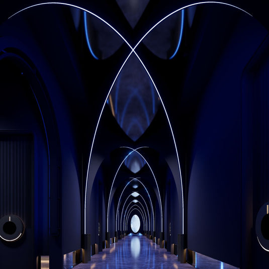 Hallway lit by RGB top bending neon flex