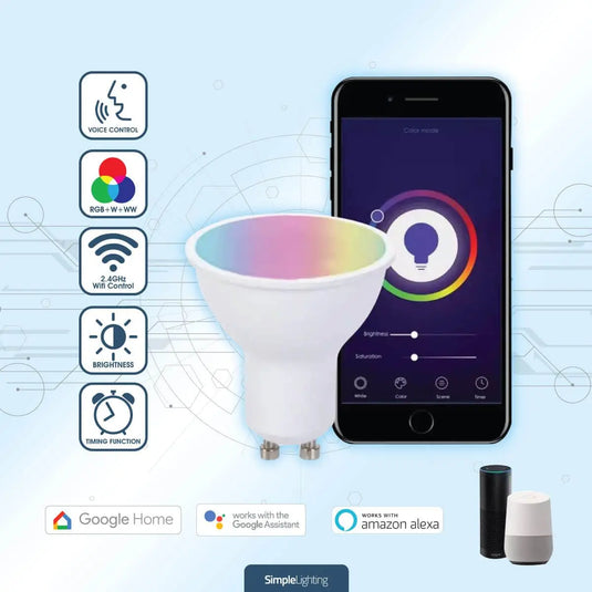 Smart GU10 LED Bulb, RGB+W , Colour Changing controlled through app and smart controls