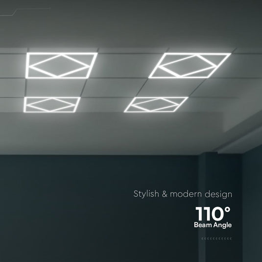 Panel fitted in a ceiling with the beam angle shown
