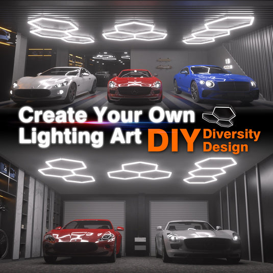 Hexagon light layouts above cars in garages