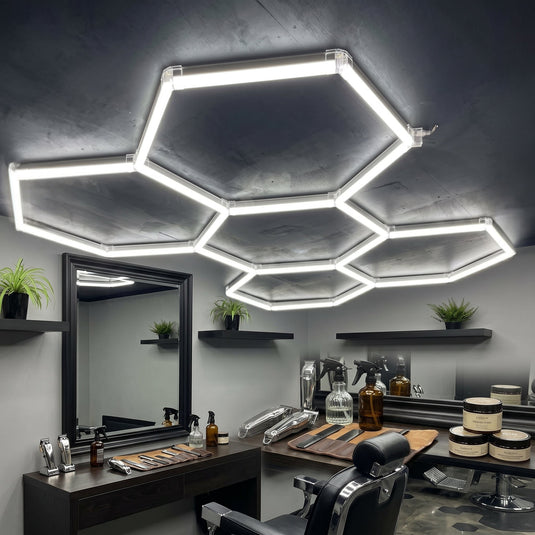 Barbershop ceiling lit by a five hexagon LED kit