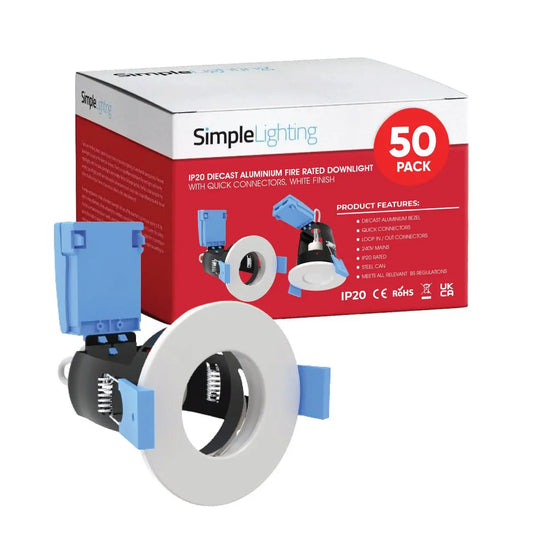 Pack of 50 Die-Cast Fixed GU10 Fire Rated Downlights in a White Finish