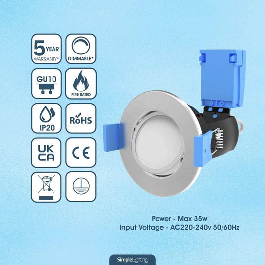 Tilt Fire Rated GU10 Downlights, Brushed Chrome features
