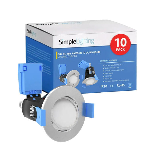 Pack of 10 Tilt Fire Rated GU10 Downlights, Brushed Chrome