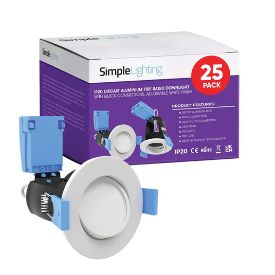 Pack of 25 Die-Cast Tilt GU10 Fire Rated Downlights with a White Finish