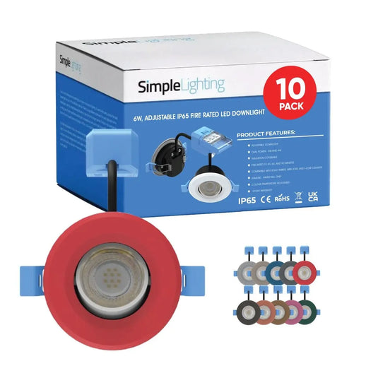 10 X 6w, Tilt/Adjustable IP65 Fire Rated LED Downlight - Various Finishes, featuring Red Bezel