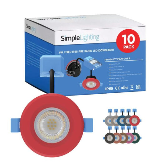 10 X 6w, Fixed IP65 Fire Rated LED Downlight - Various Finishes, features Red Bezel