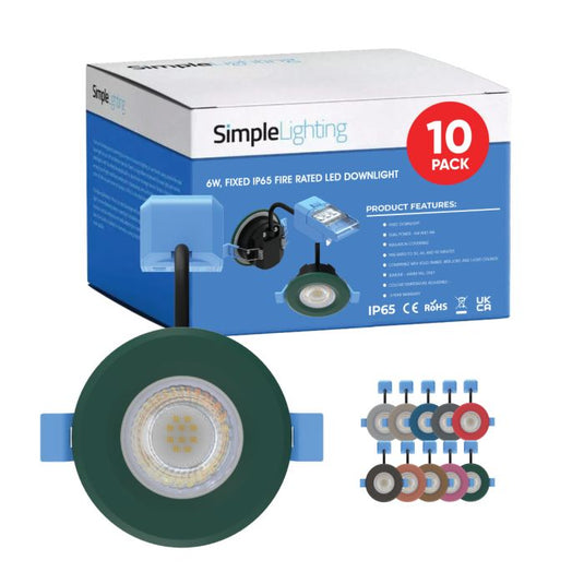 10 X 6w, Fixed IP65 Fire Rated LED Downlight - Various Finishes, features Green Bezel