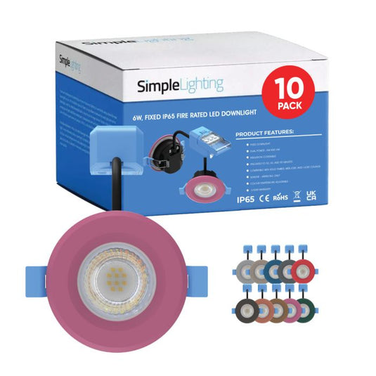 10 X 6w, Fixed IP65 Fire Rated LED Downlight - Various Finishes, features Pink Bezel