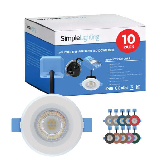 10 X 6w, Fixed IP65 Fire Rated LED Downlight - Various Finishes, features White Bezel