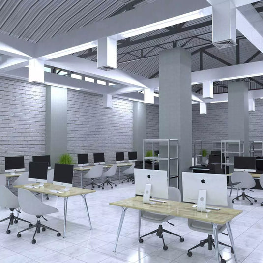 LED Batten in cool white light office setting aerial view