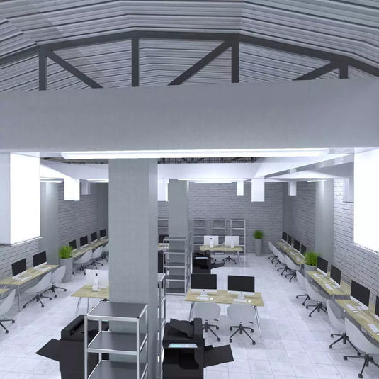 LED Batten in cool white light office setting ceiling view