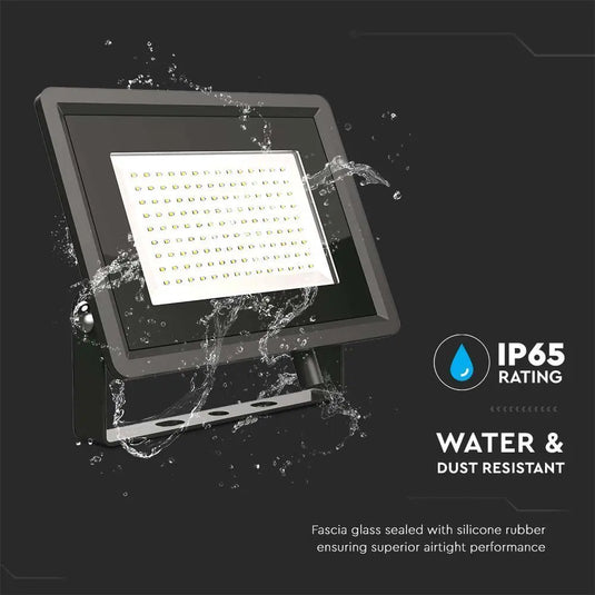 100w Black LED Floodlight in Cool White, 6500K with IP65 rating outdoor feature