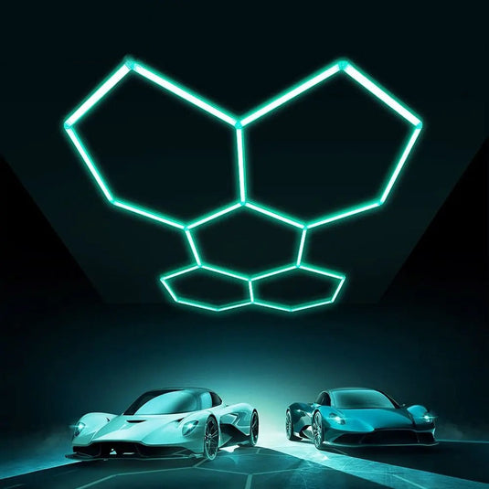 Hexagon LED tubes lit in aqua