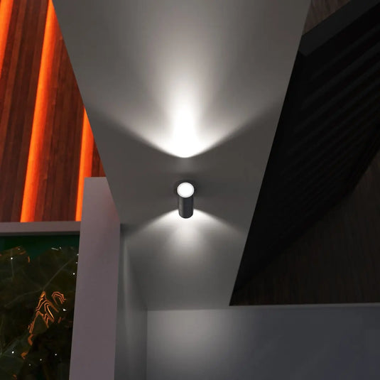 Twin IP44 Outdoor Stainless Steel Wall Light - GU10 above shot, outside setting