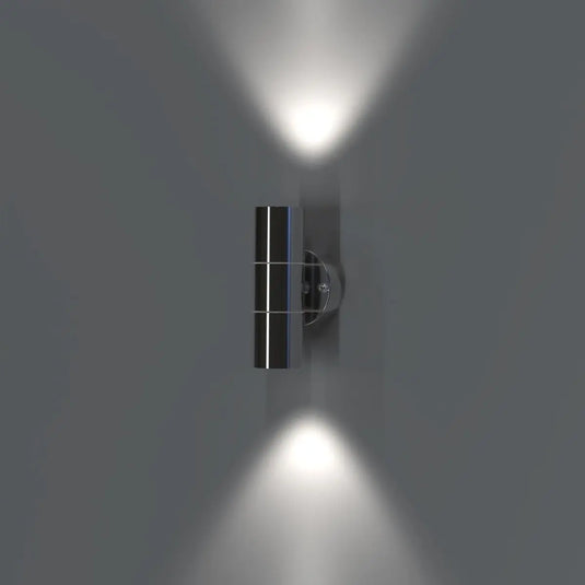 Twin IP44 Outdoor Stainless Steel Wall Light - GU10 mounted on the way, outside setting