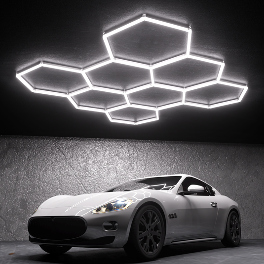 8 hexagon LED light kit lit above a car