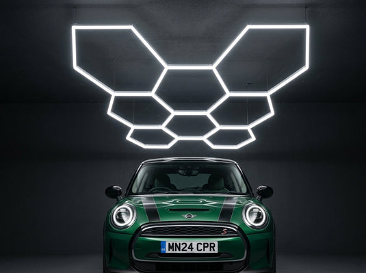 8 hexagon LED light kit above a car in a garage