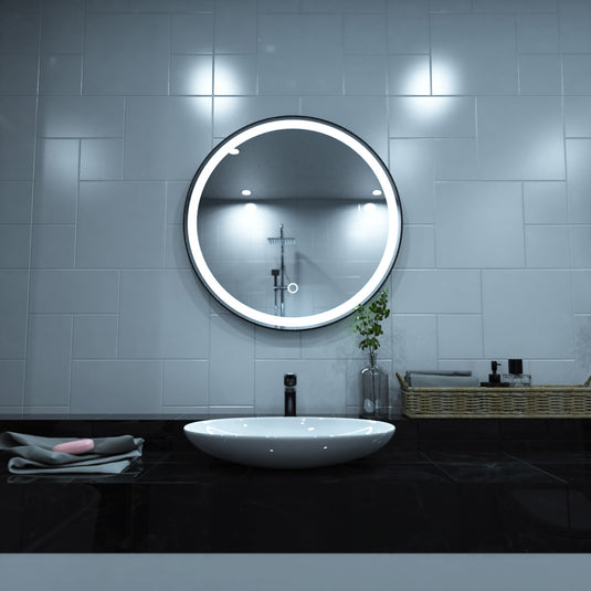 Aurora, Round LED Bathroom Mirror, 610mm - Matte Black front facing shot above sink in cool white light