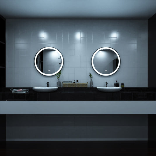 Aurora, Round LED Bathroom Mirror, 610mm - Matte Black front facing shot above sink, loo setting, in cool white light