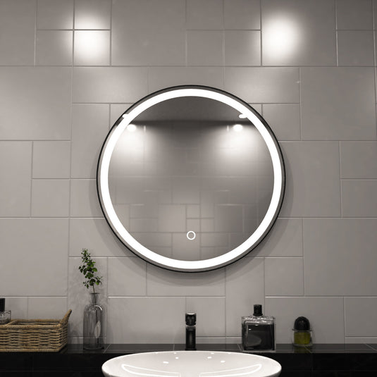 Aurora, Round LED Bathroom Mirror, 610mm - Matte Black front facing shot in natural white light