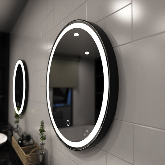 Aurora, Round LED Bathroom Mirror, 610mm - Matte Black side facing shot in natural white light