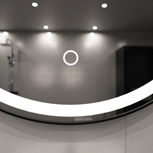 Aurora, Round LED Bathroom Mirror, 610mm - Matte Black front facing shot with touch switch in natural white light