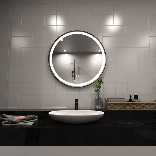 Aurora, Round LED Bathroom Mirror, 610mm - Matte Black front facing shot above sink setting in natural white light