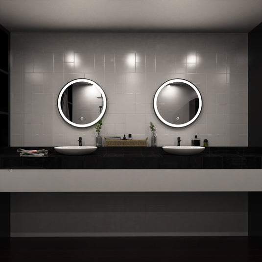 Aurora, Round LED Bathroom Mirror, 610mm - Matte Black front facing shot above sink, loo setting, in natural white light