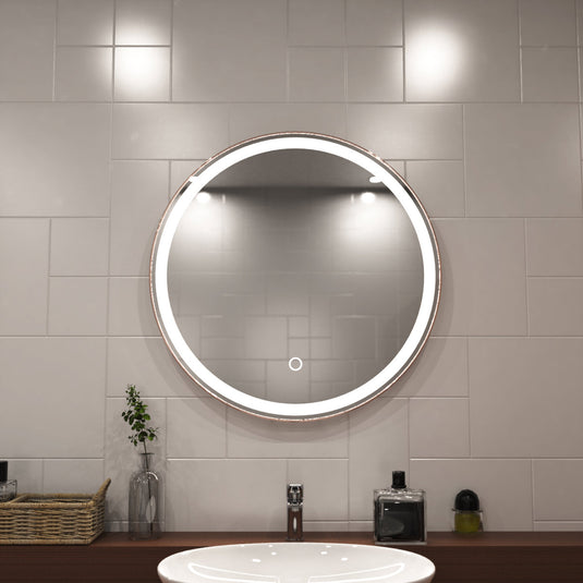 Rose Gold bezel Bathroom LED close up shot above the sink setting in natural white light