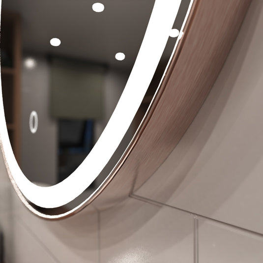 Rose Gold bezel Bathroom LED close up shot bezel in natural white light