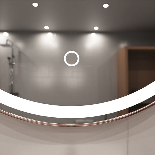 Rose Gold bezel Bathroom LED close up shot touch switch in natural white light