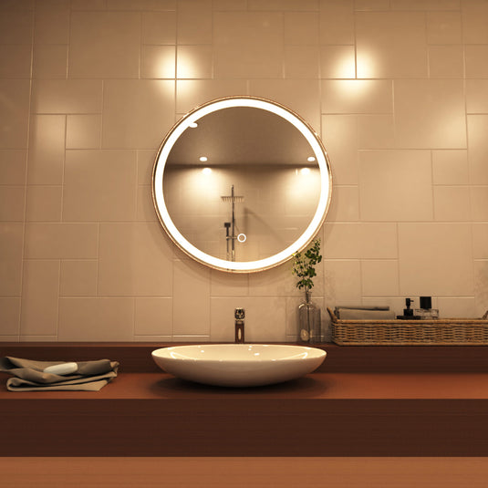 Rose Gold bezel Bathroom LED above the sink setting in warm white light