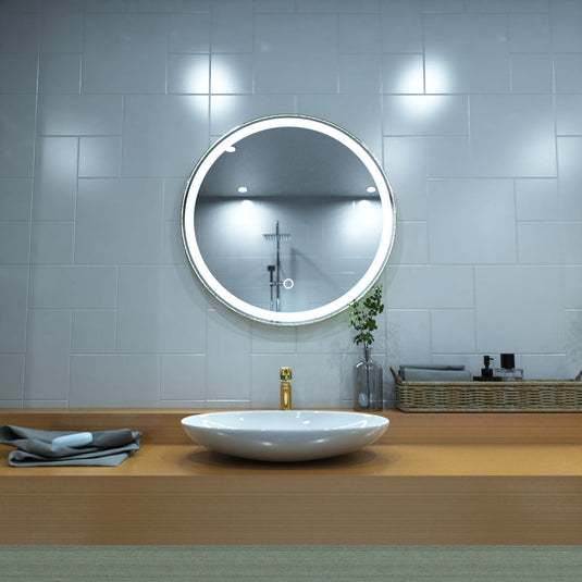 Titanium Gold LED Bathroom mirror above the sink setting in cool white light