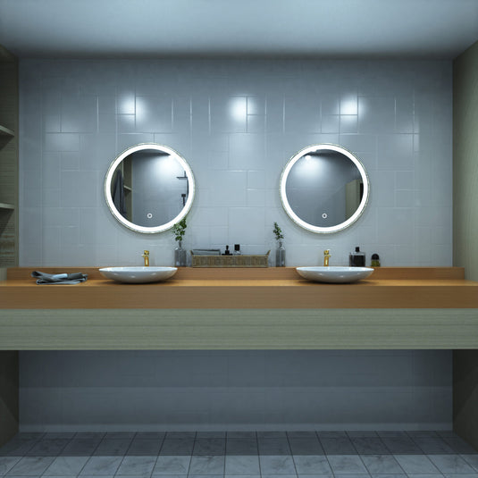 Titanium Gold LED Bathroom mirror above the sink setting in cool white light