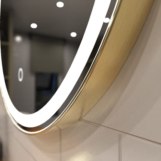 Titanium Gold LED Bathroom mirror close ip shot of bezel in natural white light
