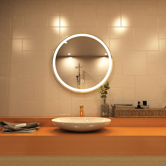 Titanium Gold LED Bathroom mirror above the sink setting in warm white light