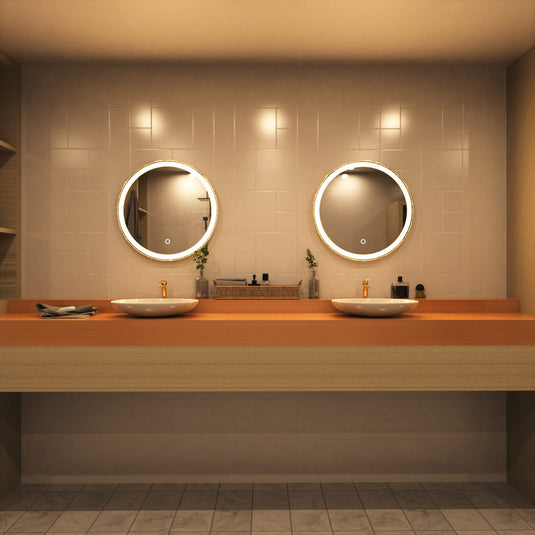 Titanium Gold LED Bathroom mirror above the sinks setting in warm white light