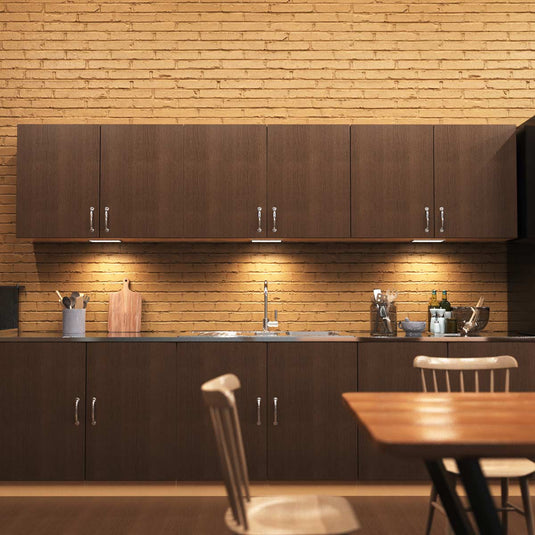 Kitchen with natural white cabinet lights, wide view
