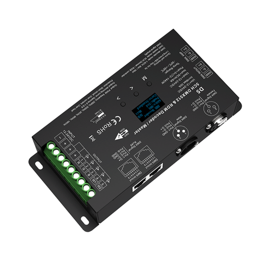 DMX decoder showing the RJ45 and XLR3 ports and the five output channels