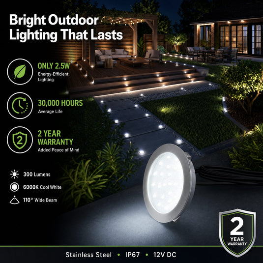 Garden decking lit by cool white deck lights