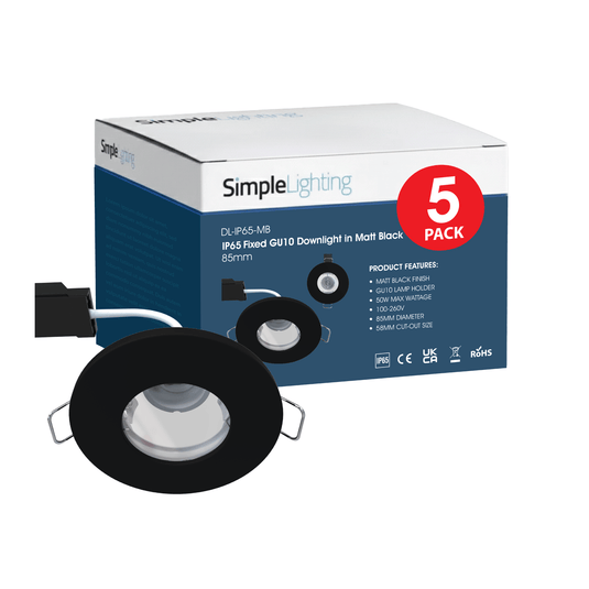 Pack of 5 matt black IP65 GU10 downlights