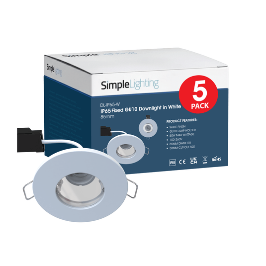 Pack of 5 white IP65 GU10 downlights