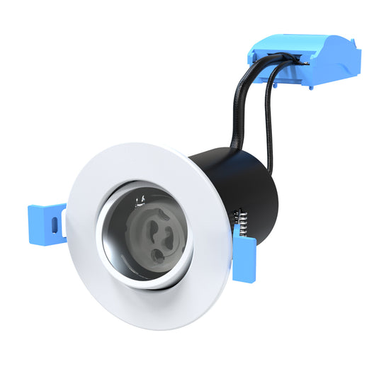 White bezel adjustable downlight with tilted gimbal and visible lamp holder.