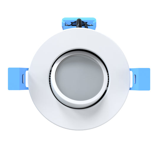 Adjustable downlight white bezel with a tilted gimbal.