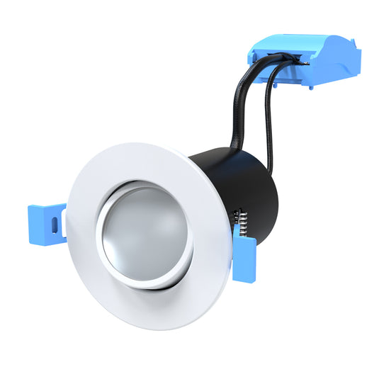 A white bezel downlight on a white background, with a tilted gimbal and black can body.