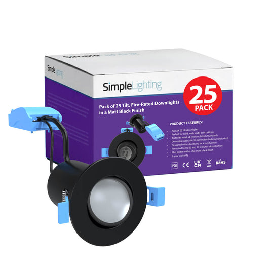 Pack of 25 Fire-Rated Tilt Downlights in a Matt Black Finish