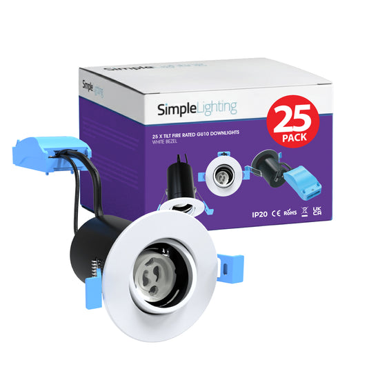 A 25-pack box of adjustable downlight with a white bezel unit in front.