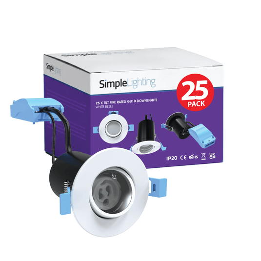 A 25-pack box of adjustable downlight with a white bezel unit in front.